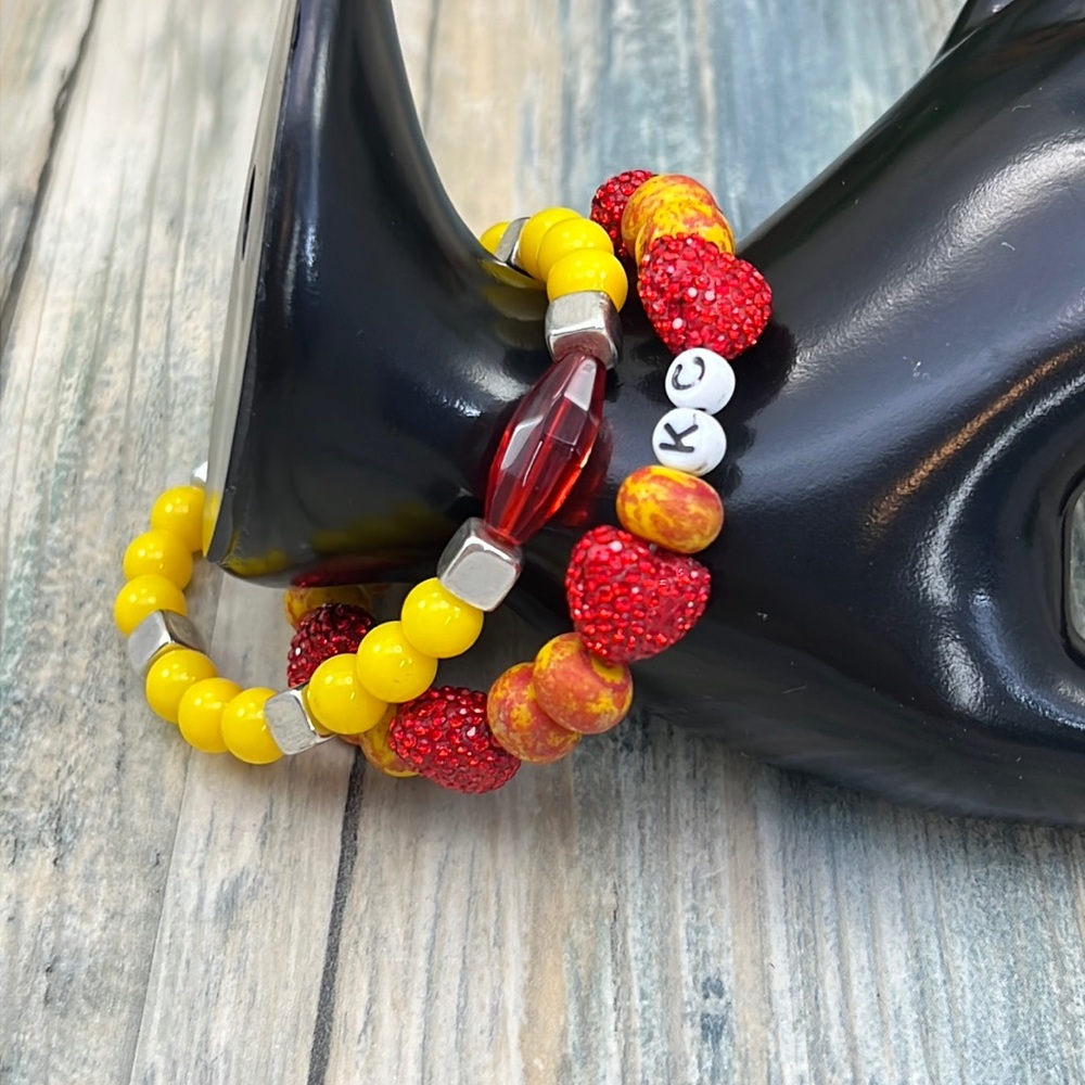 ⭐️Adorned Crown Kansas City Chiefs KC football red gold stretch bracelet set G